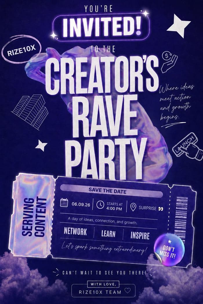 You're invited to the Creator's Rave Party by RIZE10X — 6 September 2026, 4:00 PM
